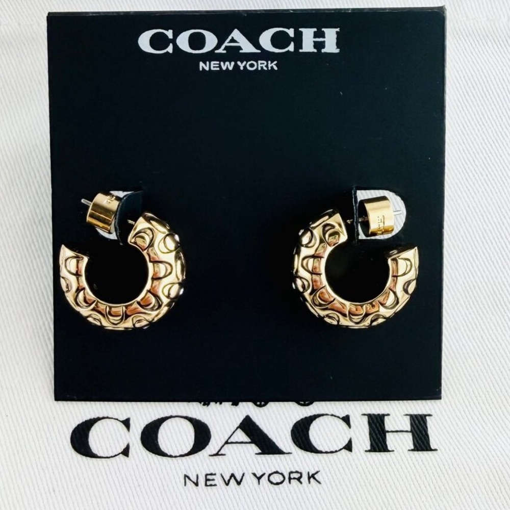 Coach Signature Quilted Chunky Gold Hoop Earrings with Rhinestones - Picture 2 of 4